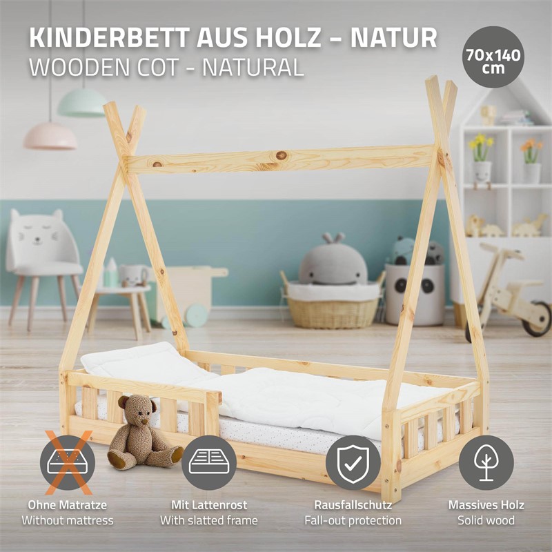 Kinderbett Tipi 70x140 cm aus Kiefernholz mit Rausfallschutz und Lattenrost Holzbett ML-Design