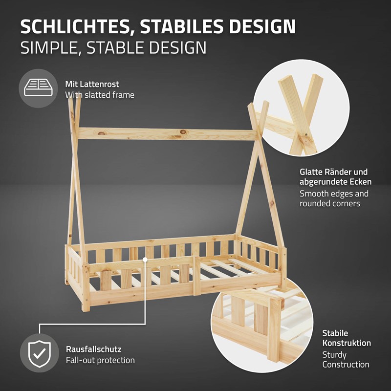 Kinderbett Tipi 70x140 cm aus Kiefernholz mit Rausfallschutz und Lattenrost Holzbett ML-Design