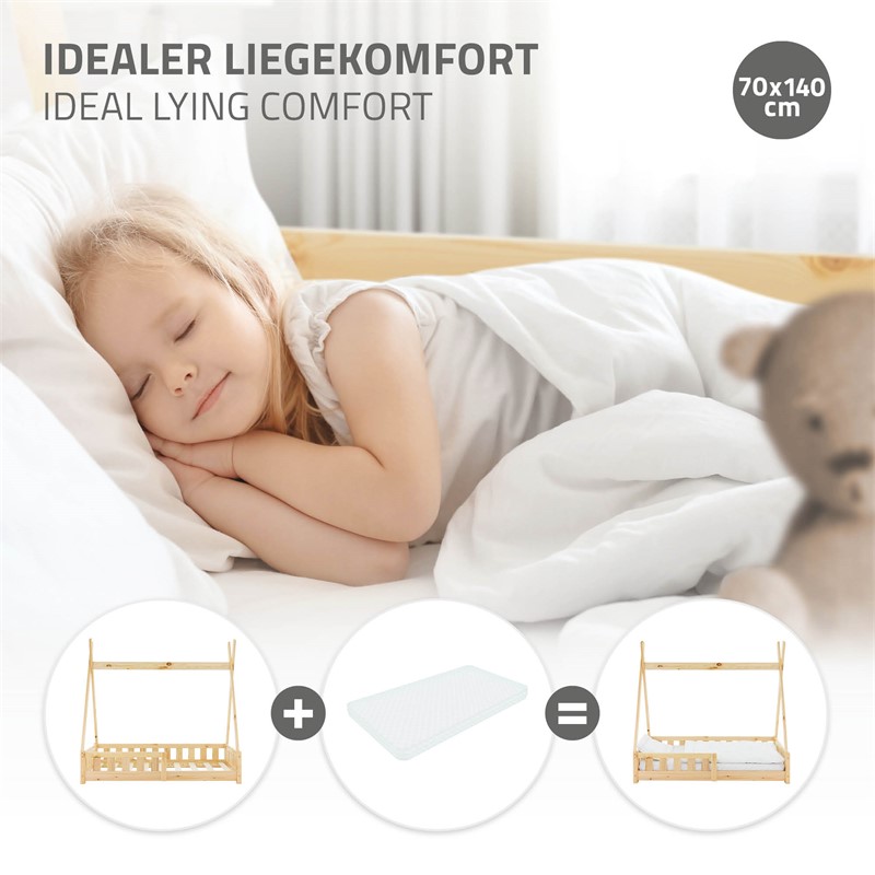 Kinderbett Tipi 70x140 cm aus Kiefernholz mit Rausfallschutz und Lattenrost Holzbett ML-Design
