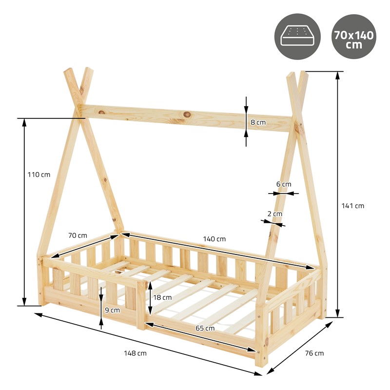 Kinderbett Tipi 70x140 cm aus Kiefernholz mit Rausfallschutz und Lattenrost Holzbett ML-Design
