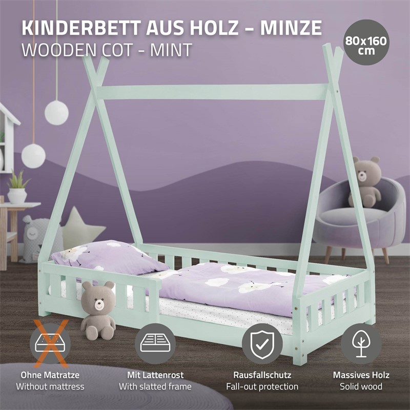 Kinderbett Tipi 80x160 cm Minze aus Kiefernholz mit Rausfallschutz und Lattenrost Holzbett ML-Design