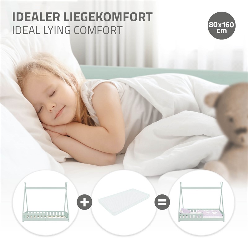 Kinderbett Tipi 80x160 cm Minze aus Kiefernholz mit Rausfallschutz und Lattenrost Holzbett ML-Design