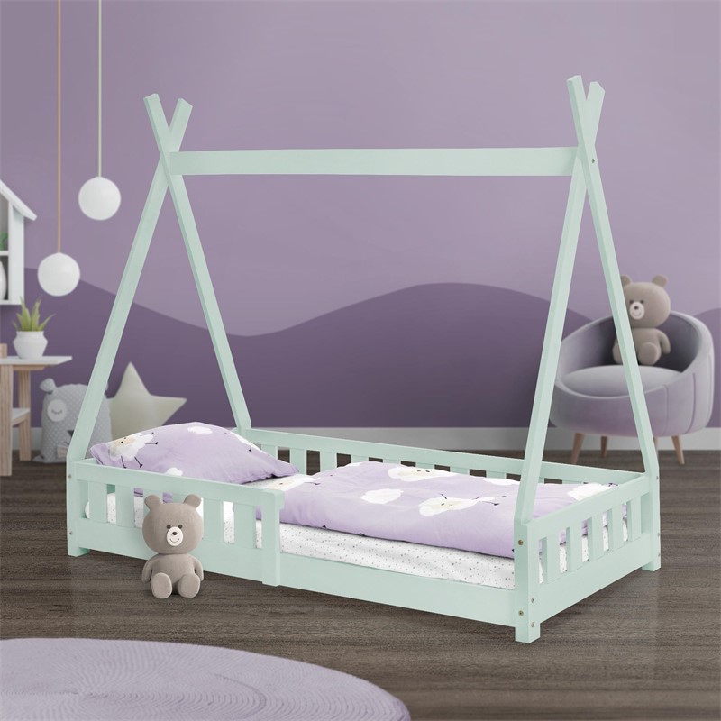 Kinderbett Tipi 80x160 cm Minze aus Kiefernholz mit Rausfallschutz und Lattenrost Holzbett ML-Design