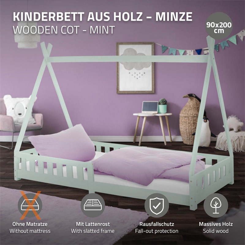 Kinderbett Tipi 90x200 cm Minze aus Kiefernholz mit Rausfallschutz und Lattenrost Holzbett ML-Design