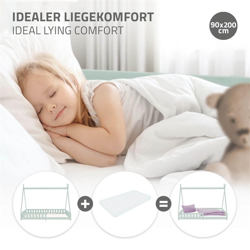 Kinderbett Tipi 90x200 cm Minze aus Kiefernholz mit Rausfallschutz und Lattenrost Holzbett ML-Design