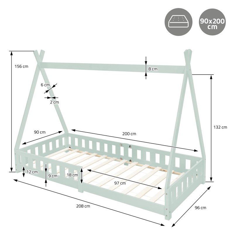 Kinderbett Tipi 90x200 cm Minze aus Kiefernholz mit Rausfallschutz und Lattenrost Holzbett ML-Design
