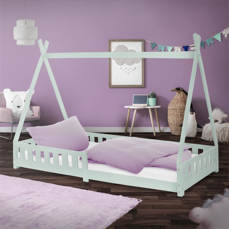 Kinderbett Tipi 90x200 cm Minze aus Kiefernholz mit Rausfallschutz und Lattenrost Holzbett ML-Design