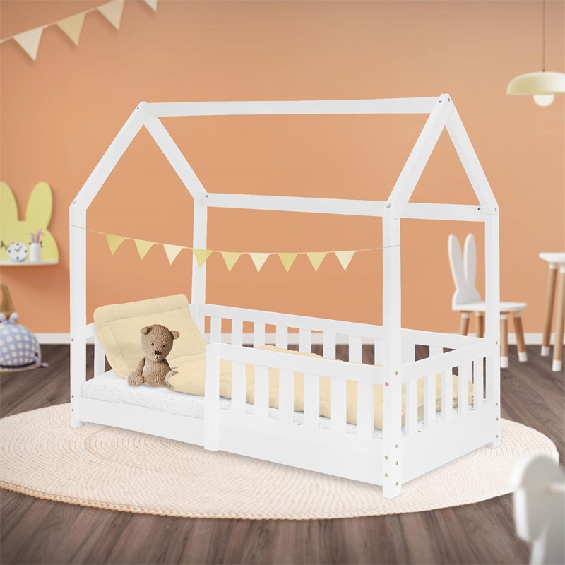 Kinderbett Hausbett 70x140 cm Weiß aus Kiefernholz mit Rausfallschutz Dach und Lattenrost Holzbett ML-Design Kinderbett Hausbett 70x140 cm Weiß aus Kiefernholz mit Rausfallschutz Dach und Lattenrost Holzbett ML-Design