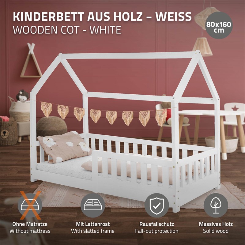 Kinderbett Hausbett 80x160 cm Weiß aus Kiefernholz mit Rausfallschutz Dach und Lattenrost Holzbett ML-Design