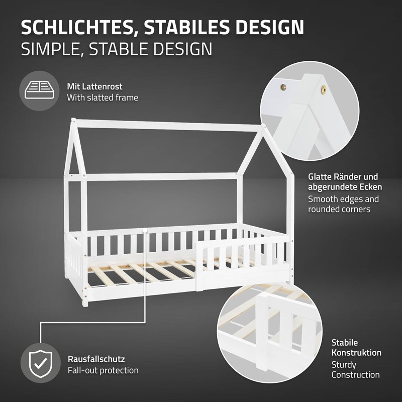 Kinderbett Hausbett 80x160 cm Weiß aus Kiefernholz mit Rausfallschutz Dach und Lattenrost Holzbett ML-Design