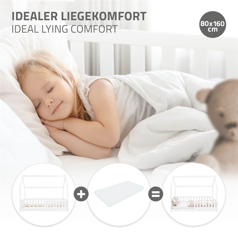 Kinderbett Hausbett 80x160 cm Weiß aus Kiefernholz mit Rausfallschutz Dach und Lattenrost Holzbett ML-Design