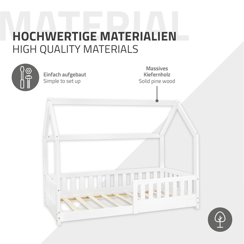 Kinderbett Hausbett 80x160 cm Weiß aus Kiefernholz mit Rausfallschutz Dach und Lattenrost Holzbett ML-Design
