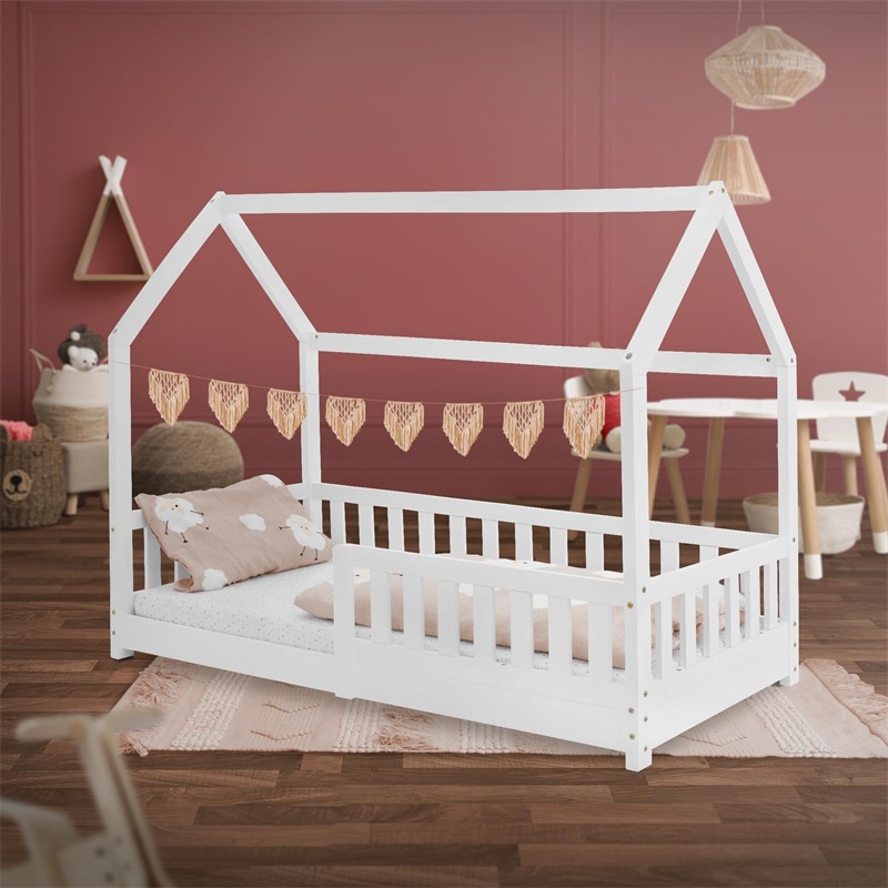 Kinderbett Hausbett 80x160 cm Weiß aus Kiefernholz mit Rausfallschutz Dach und Lattenrost Holzbett ML-Design