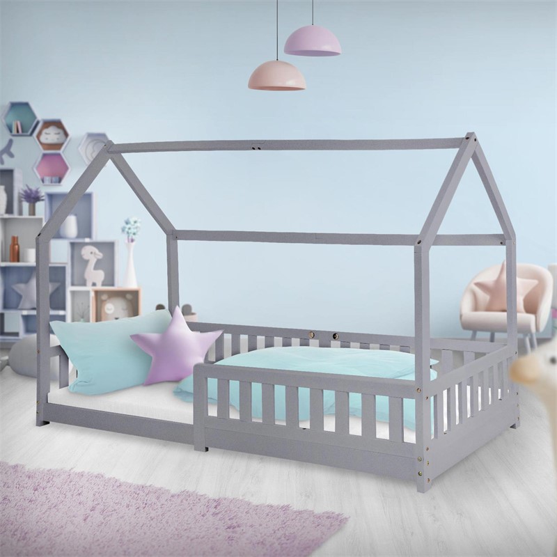 Kinderbett Hausbett 90x200 cm Hellgrau aus Kiefernholz mit Rausfallschutz Dach und Lattenrost Holzbett ML-Design Kinderbett Hausbett 90x200 cm Hellgrau aus Kiefernholz mit Rausfallschutz Dach und Lattenrost Holzbett ML-Design