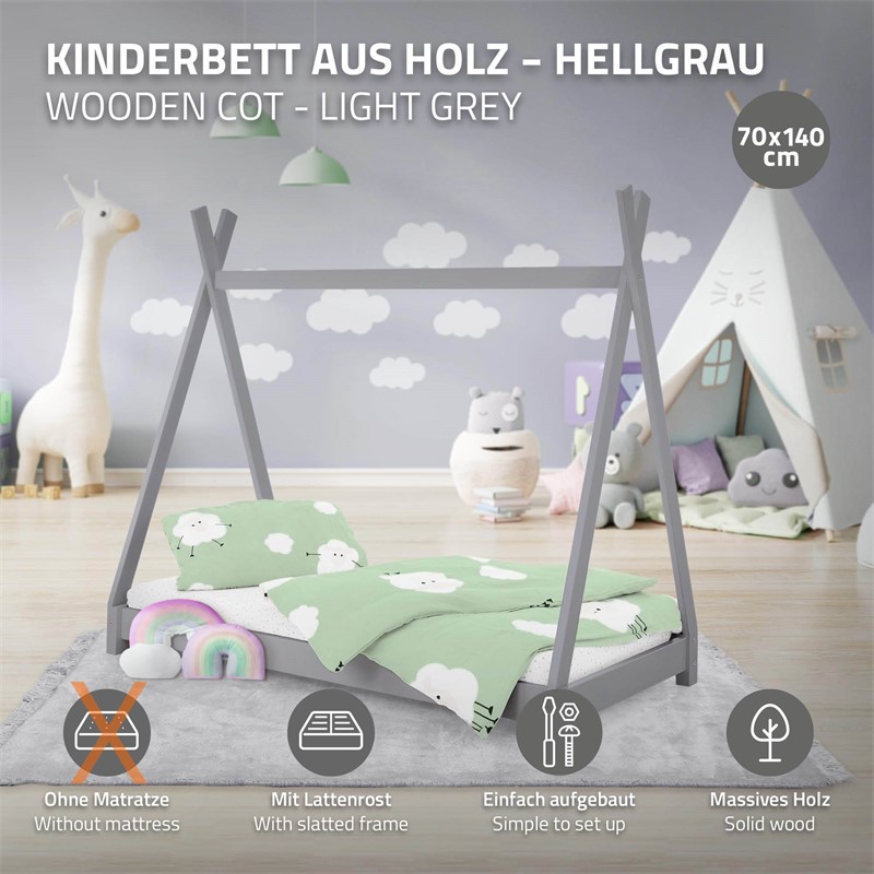 Kinderbett Tipi 70x140 cm Hellgrau aus Kiefernholz Holzbett mit Lattenrost ML-Design