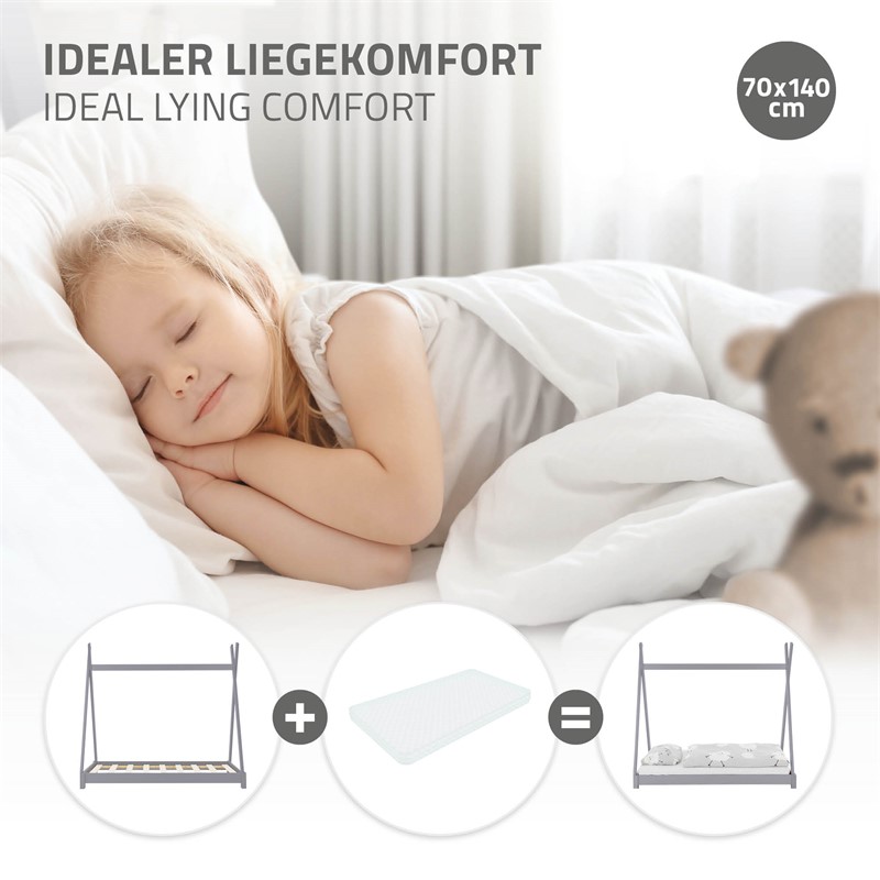 Kinderbett Tipi 70x140 cm Hellgrau aus Kiefernholz Holzbett mit Lattenrost ML-Design