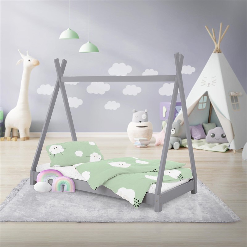 Kinderbett Tipi 70x140 cm Hellgrau aus Kiefernholz Holzbett mit Lattenrost ML-Design