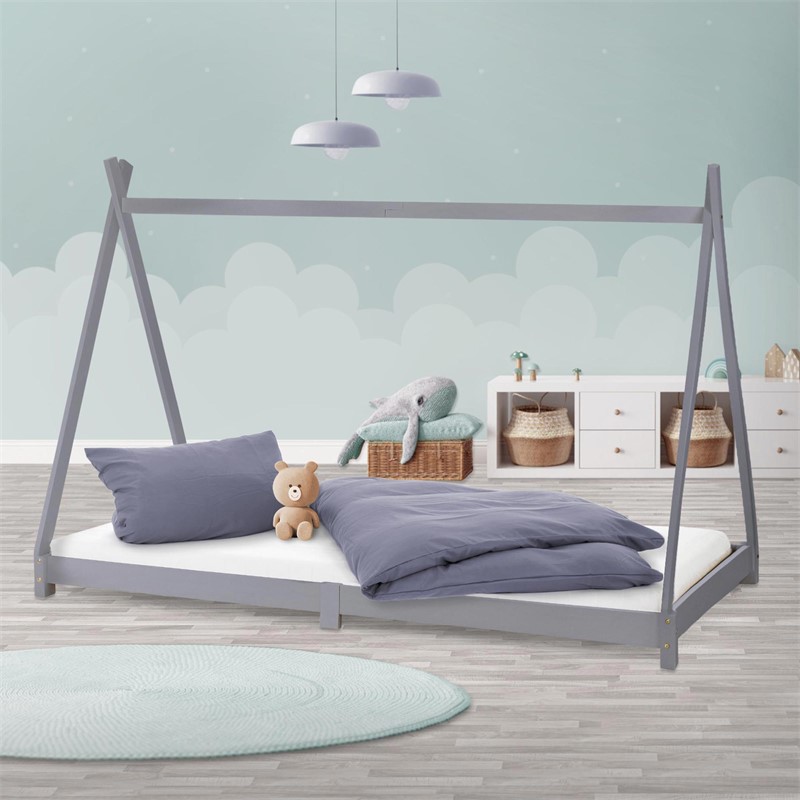 Kinderbett Tipi 90x200 cm Hellgrau aus Kiefernholz Holzbett mit Lattenrost ML-Design Kinderbett Tipi 90x200 cm Hellgrau aus Kiefernholz Holzbett mit Lattenrost ML-Design
