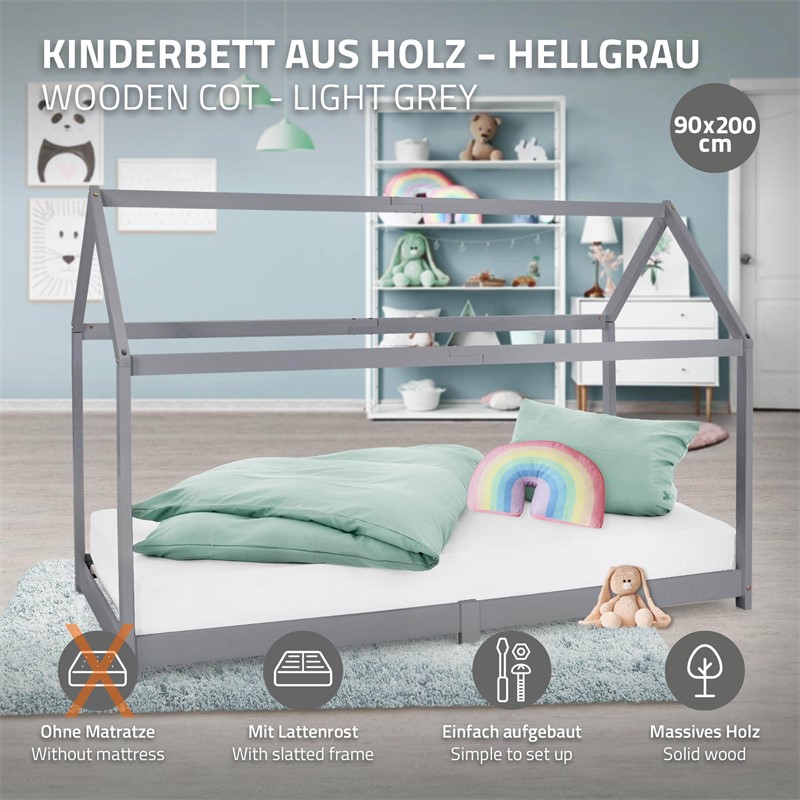 Kinderbett Hausbett 90x200 cm Hellgrau aus Kiefernholz Holzbett mit Dach und Lattenrost ML-Design