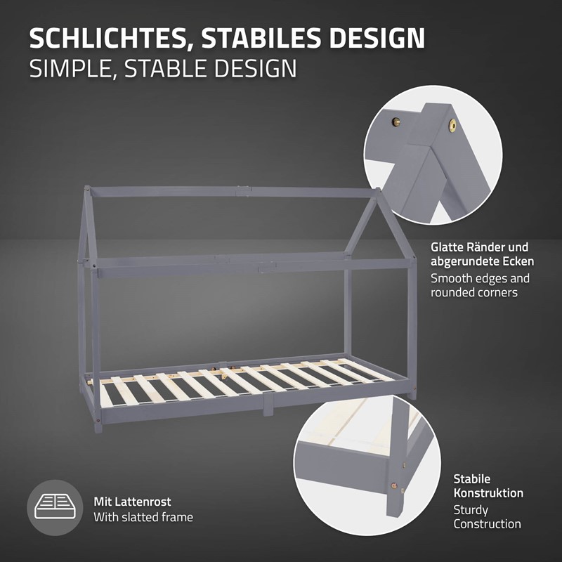 Kinderbett Hausbett 90x200 cm Hellgrau aus Kiefernholz Holzbett mit Dach und Lattenrost ML-Design