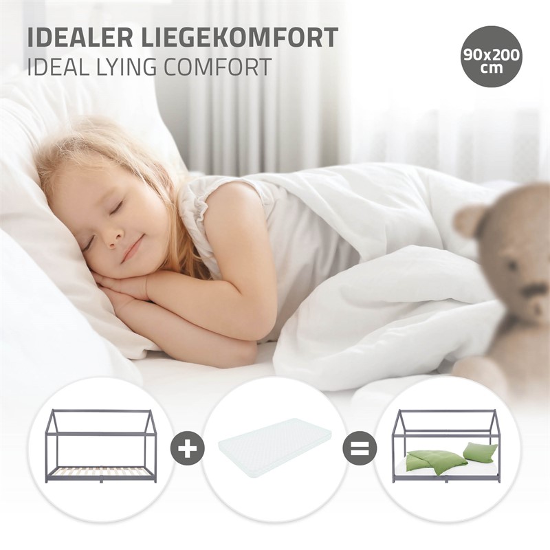 Kinderbett Hausbett 90x200 cm Hellgrau aus Kiefernholz Holzbett mit Dach und Lattenrost ML-Design