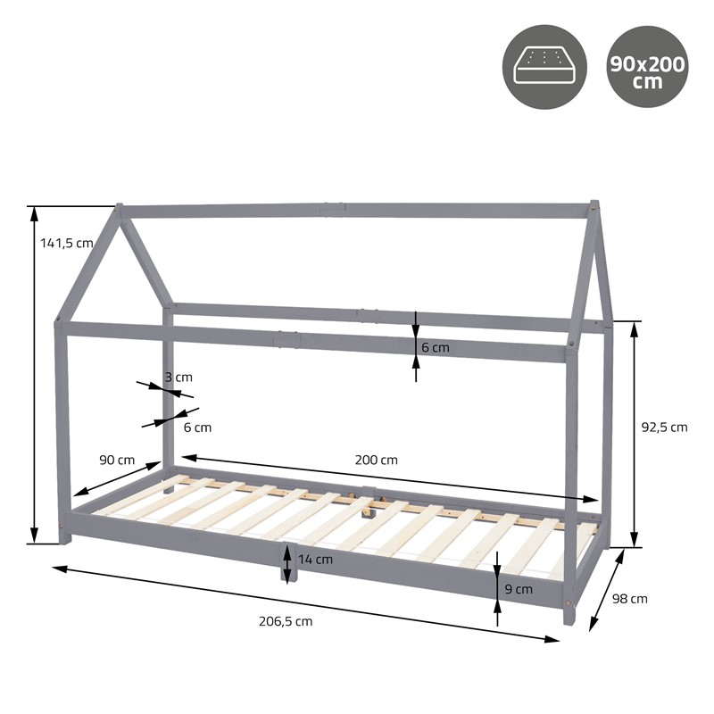 Kinderbett Hausbett 90x200 cm Hellgrau aus Kiefernholz Holzbett mit Dach und Lattenrost ML-Design