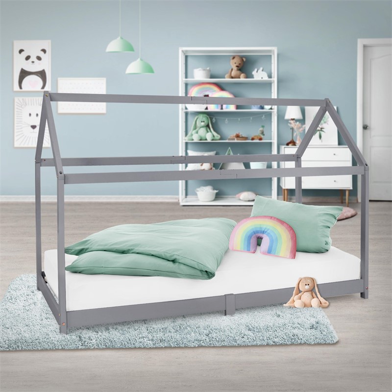 Kinderbett Hausbett 90x200 cm Hellgrau aus Kiefernholz Holzbett mit Dach und Lattenrost ML-Design