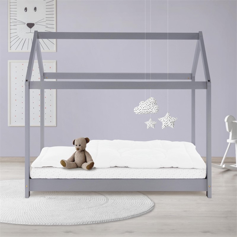 Kinderbett Hausbett 70x140 cm Hellgrau aus Kiefernholz Holzbett mit Dach und Lattenrost ML-Design Kinderbett Hausbett 70x140 cm Hellgrau aus Kiefernholz Holzbett mit Dach und Lattenrost ML-Design