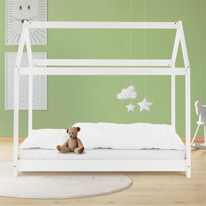 Kinderbett Hausbett 80x160 cm Weiß aus Kiefernholz Holzbett mit Dach und Lattenrost ML-Design Kinderbett Hausbett 80x160 cm Weiß aus Kiefernholz Holzbett mit Dach und Lattenrost ML-Design
