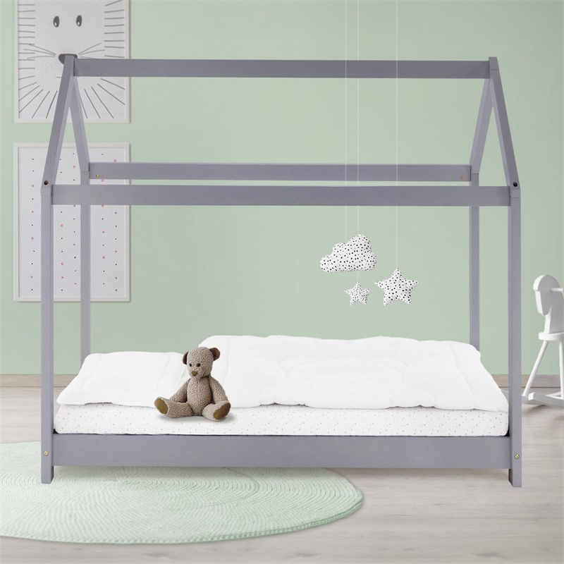 Kinderbett Hausbett 80x160 cm Hellgrau aus Kiefernholz Holzbett mit Dach und Lattenrost ML-Design Kinderbett Hausbett 80x160 cm Hellgrau aus Kiefernholz Holzbett mit Dach und Lattenrost ML-Design