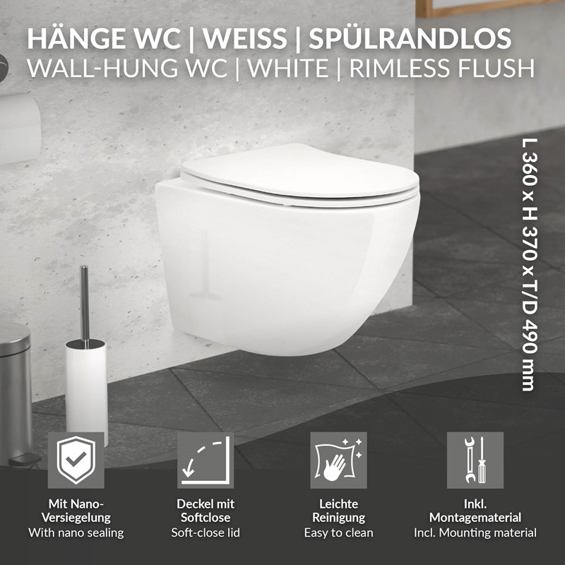 Wand-WC Hänge Toilette aus Keramik 49 cm lang Spülrandlos mit Nanoversiegelung & Softclose Luxebath