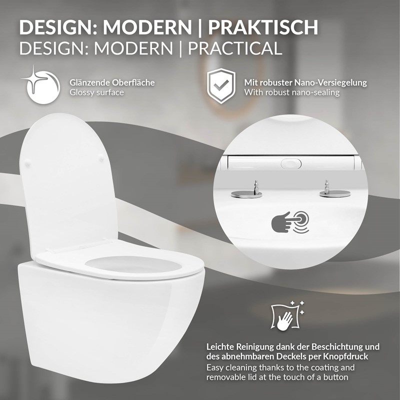 Wand-WC Hänge Toilette aus Keramik 49 cm lang Spülrandlos mit Nanoversiegelung & Softclose Luxebath