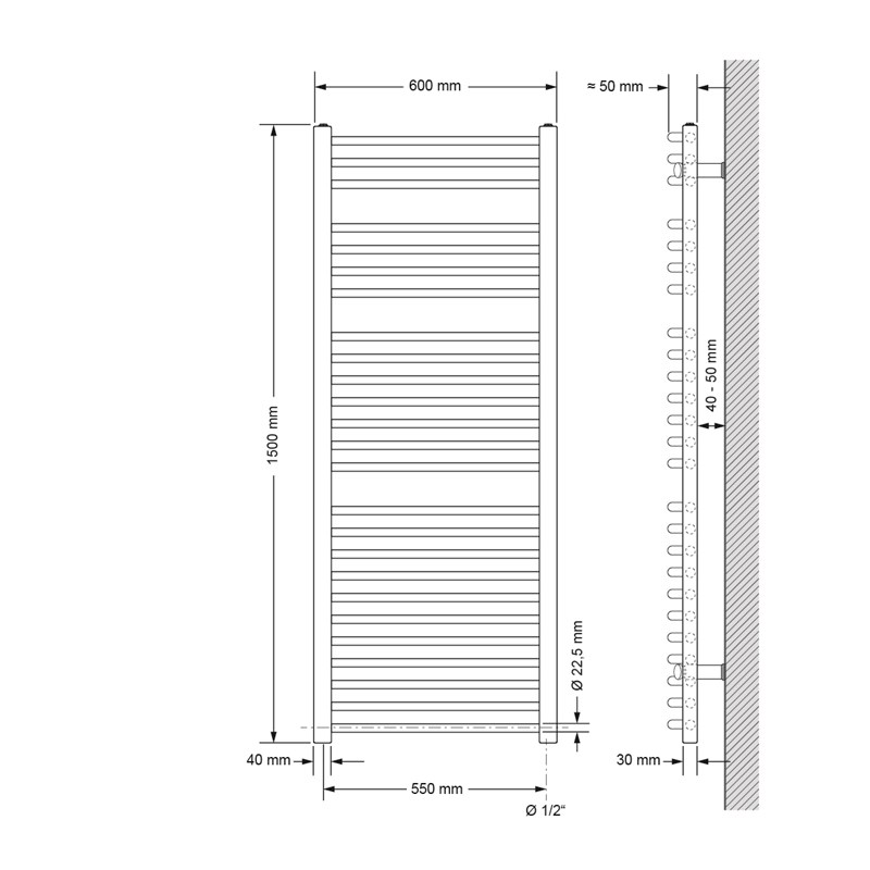 Elektrischer Badheizkörper mit Heizstab 1200W 600x1500 mm Anthrazit gebogen mit Seitenanschluss LuxeBath