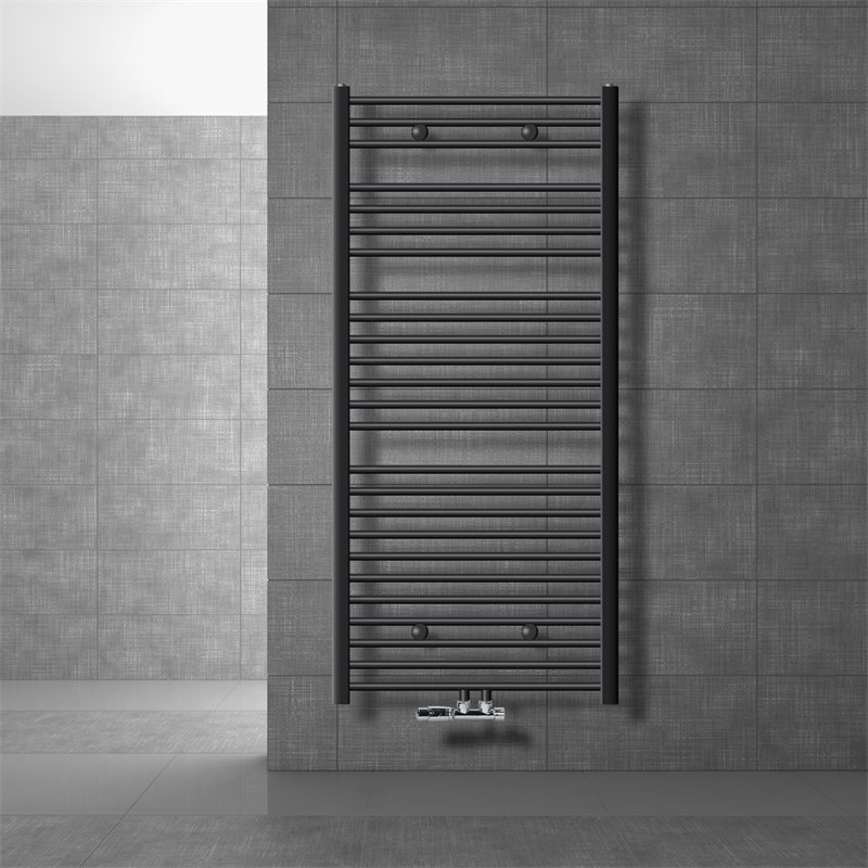 Badheizkörper Sahara 750x1500 mm Anthrazit gebogen mit Mittelanschluss und Wand Anschlussgarnitur