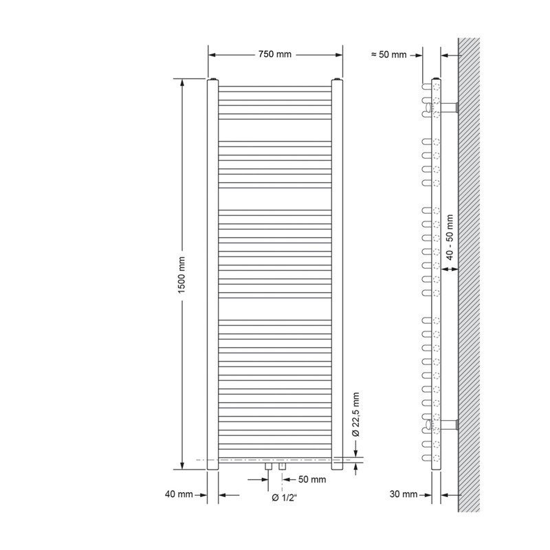 Badheizkörper Sahara 750x1500 mm Anthrazit gebogen mit Mittelanschluss und Wand Anschlussgarnitur