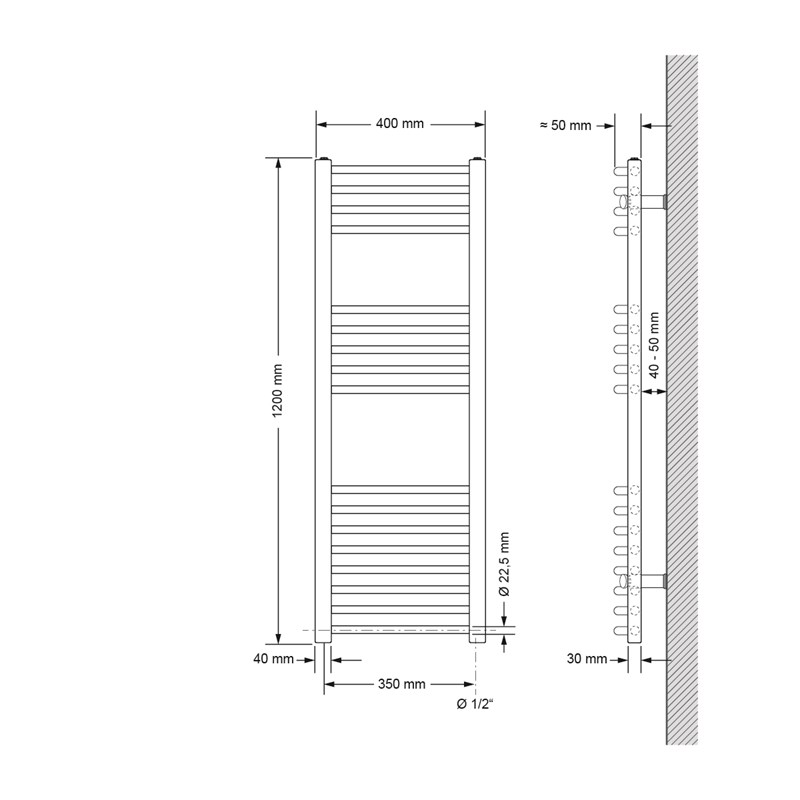 Badheizkörper Sahara mit Heizstab 1200W 400x1200 mm Antrazit gebogen mit Seitenanschluss