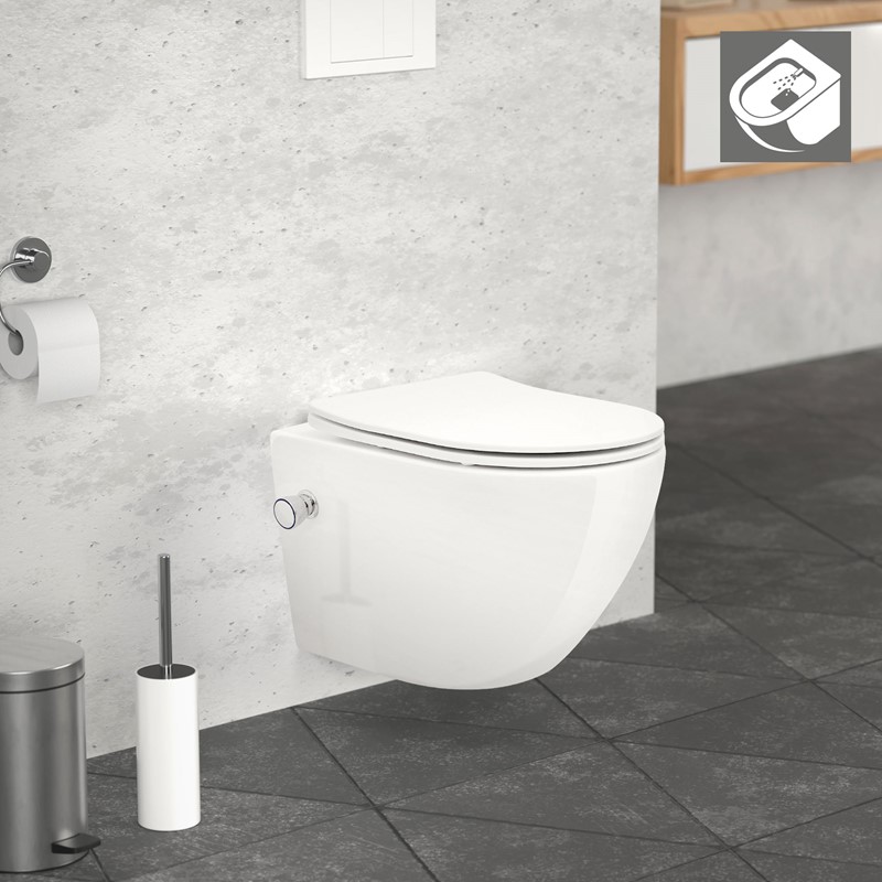 Wand-WC Hänge Toilette aus Keramik 49 cm lang Spülrandlos mit Bidet & Softclose LuxeBath Wand-WC Hänge Toilette aus Keramik 49 cm lang Spülrandlos mit Bidet & Softclose LuxeBath