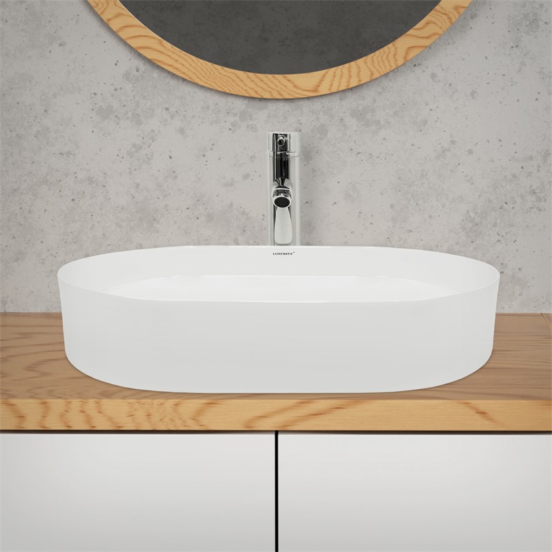 Waschbecken Oval ohne Überlauf 60,5x38x12,5 cm Weiß aus Keramik LuxeBath