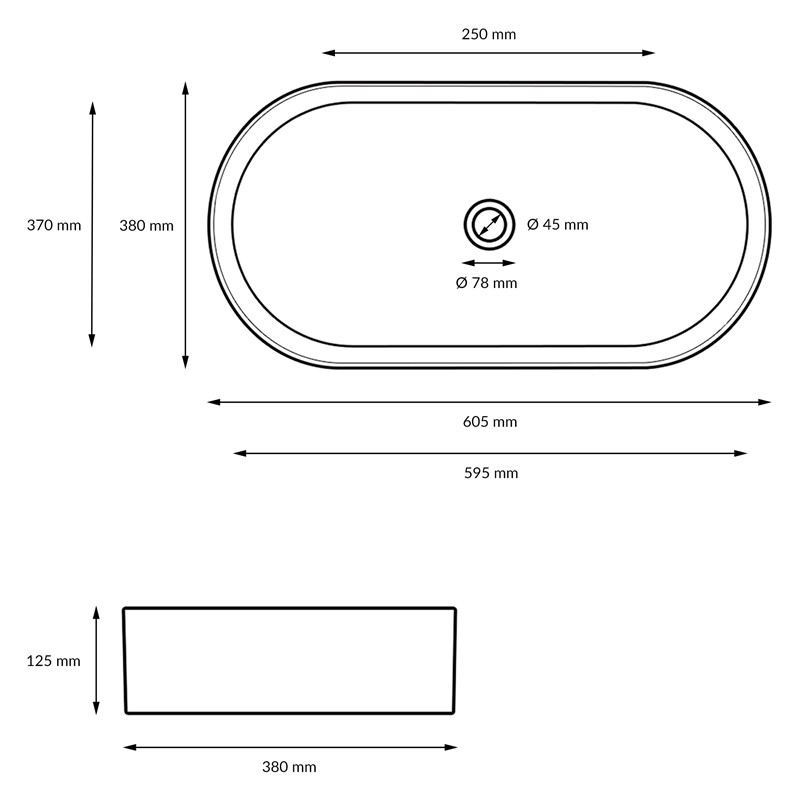 Waschbecken Oval ohne Überlauf 60,5x38x12,5 cm Weiß aus Keramik LuxeBath