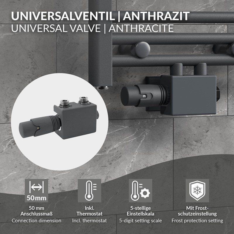 Ventil-Armaturen Set Anthrazit Universal für Eck- und Durchgangsform inkl. Thermostatkopf LuxeBath