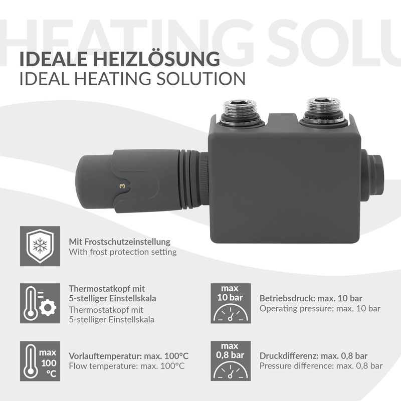 Ventil-Armaturen Set Anthrazit Universal für Eck- und Durchgangsform inkl. Thermostatkopf LuxeBath