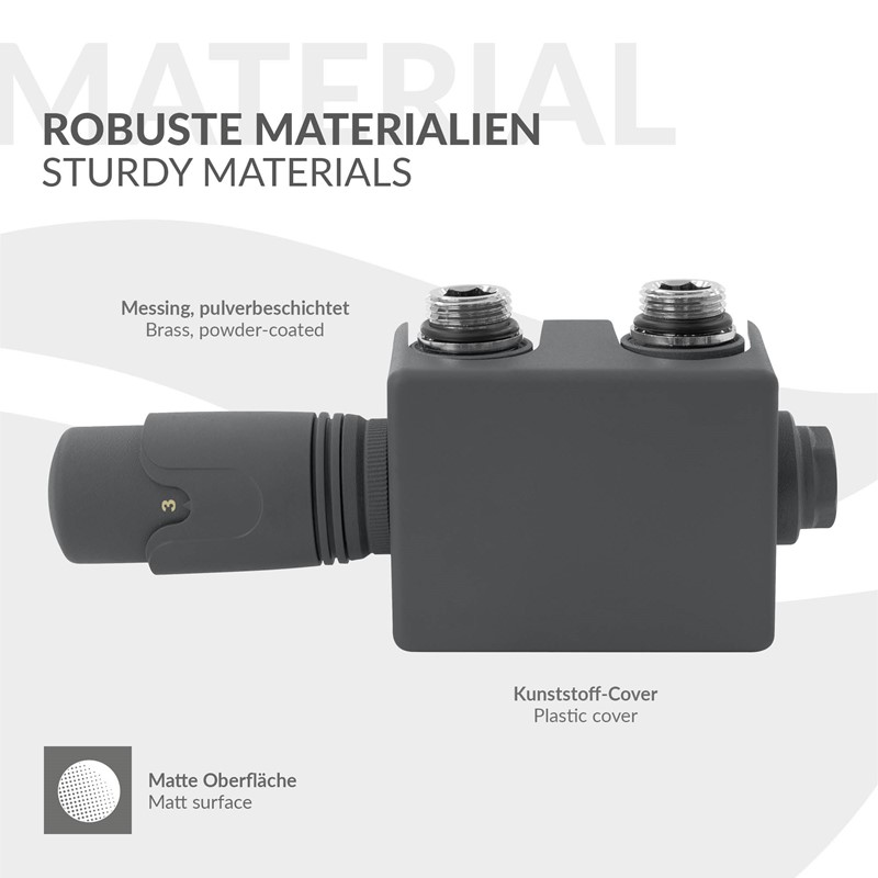 Ventil-Armaturen Set Anthrazit Universal für Eck- und Durchgangsform inkl. Thermostatkopf LuxeBath
