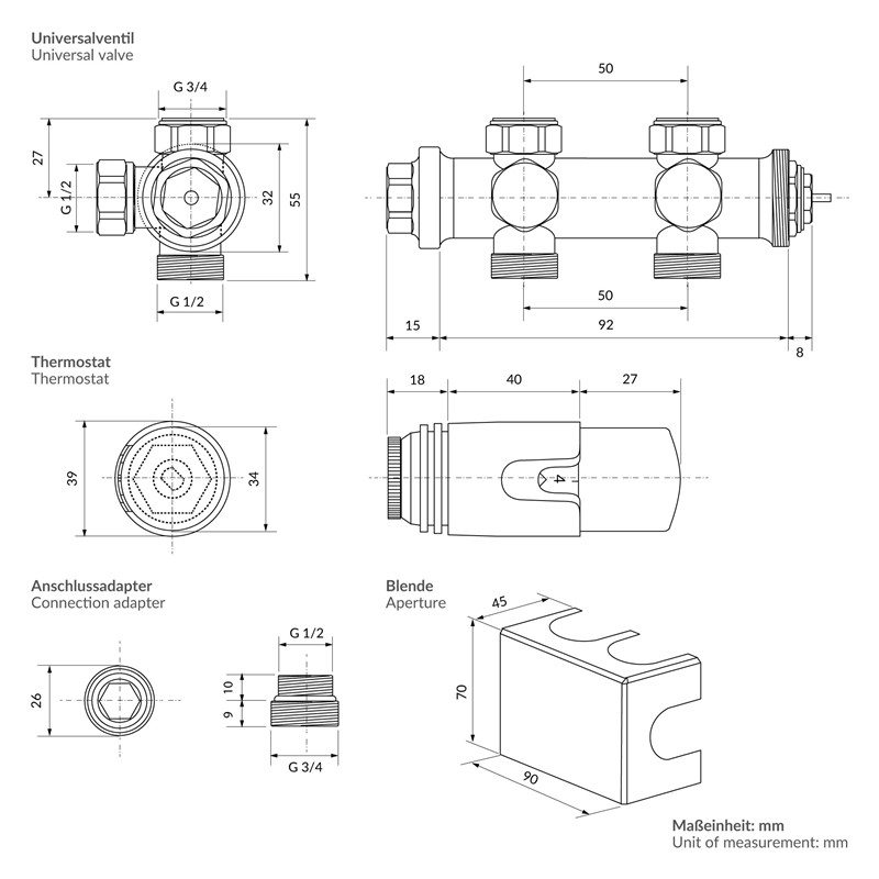 Ventil-Armaturen Set Anthrazit Universal für Eck- und Durchgangsform inkl. Thermostatkopf LuxeBath
