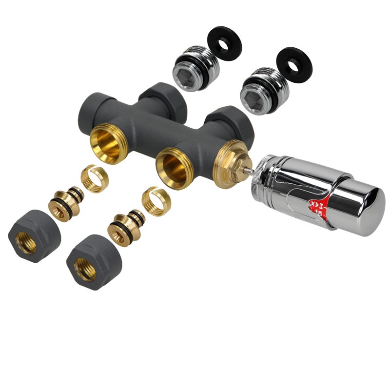Ventil-Armaturen Set Multiblock Anthrazit Durchgangsform inkl. Thermostatkopf LuxeBath Ventil-Armaturen Set Multiblock Anthrazit Durchgangsform inkl. Thermostatkopf LuxeBath