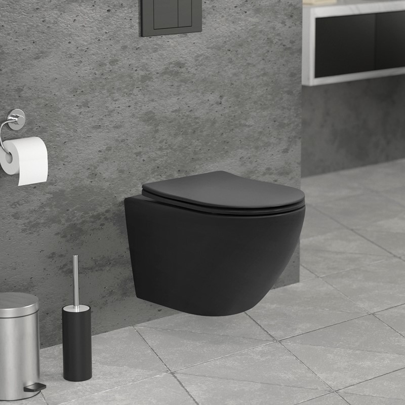 Wand-WC Hänge Toilette aus Keramik Schwarz matt 49cm lang Spülrandlos mit Nanoversiegelung & Softclose LuxeBath