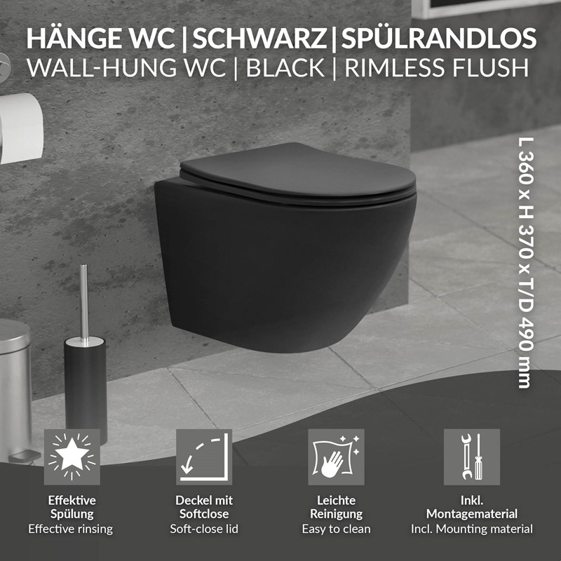 Wand-WC Hänge Toilette aus Keramik Schwarz matt 49cm lang Spülrandlos mit Nanoversiegelung & Softclose LuxeBath