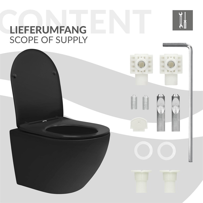 Wand-WC Hänge Toilette aus Keramik Schwarz matt 49cm lang Spülrandlos mit Nanoversiegelung & Softclose LuxeBath