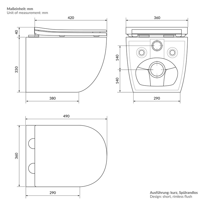 Wand-WC Hänge Toilette aus Keramik Schwarz matt 49cm lang Spülrandlos mit Nanoversiegelung & Softclose LuxeBath