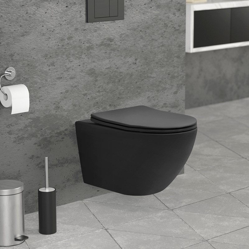 Wand-WC Hänge Toilette aus Keramik in Schwarz matt 54cm lang Spülrandlos mit Softclose LuxeBath