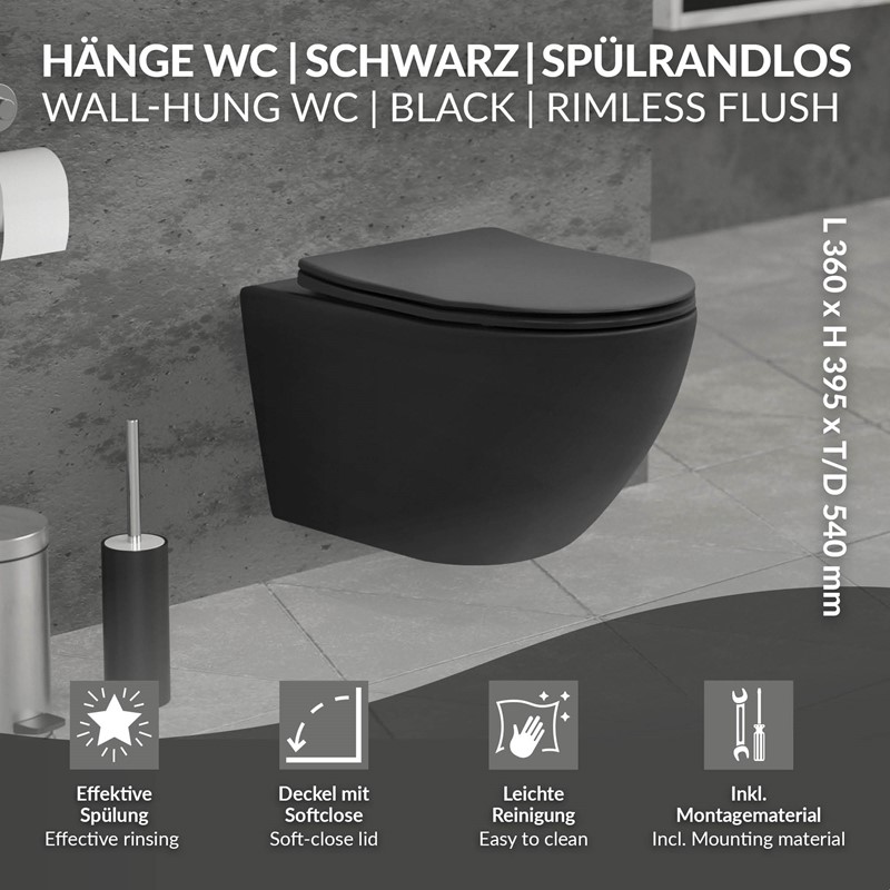 Wand-WC Hänge Toilette aus Keramik in Schwarz matt 54cm lang Spülrandlos mit Softclose LuxeBath